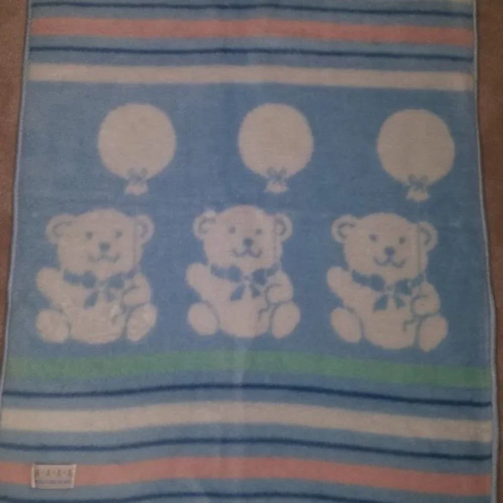 VTG Blue Baby Blanket Lovey Welcome Home Teddy Bear Santonja Acrylic Blend